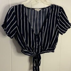 LA HEARTS PINSTRIPE BELLY BARING TIED SHIRT S A12